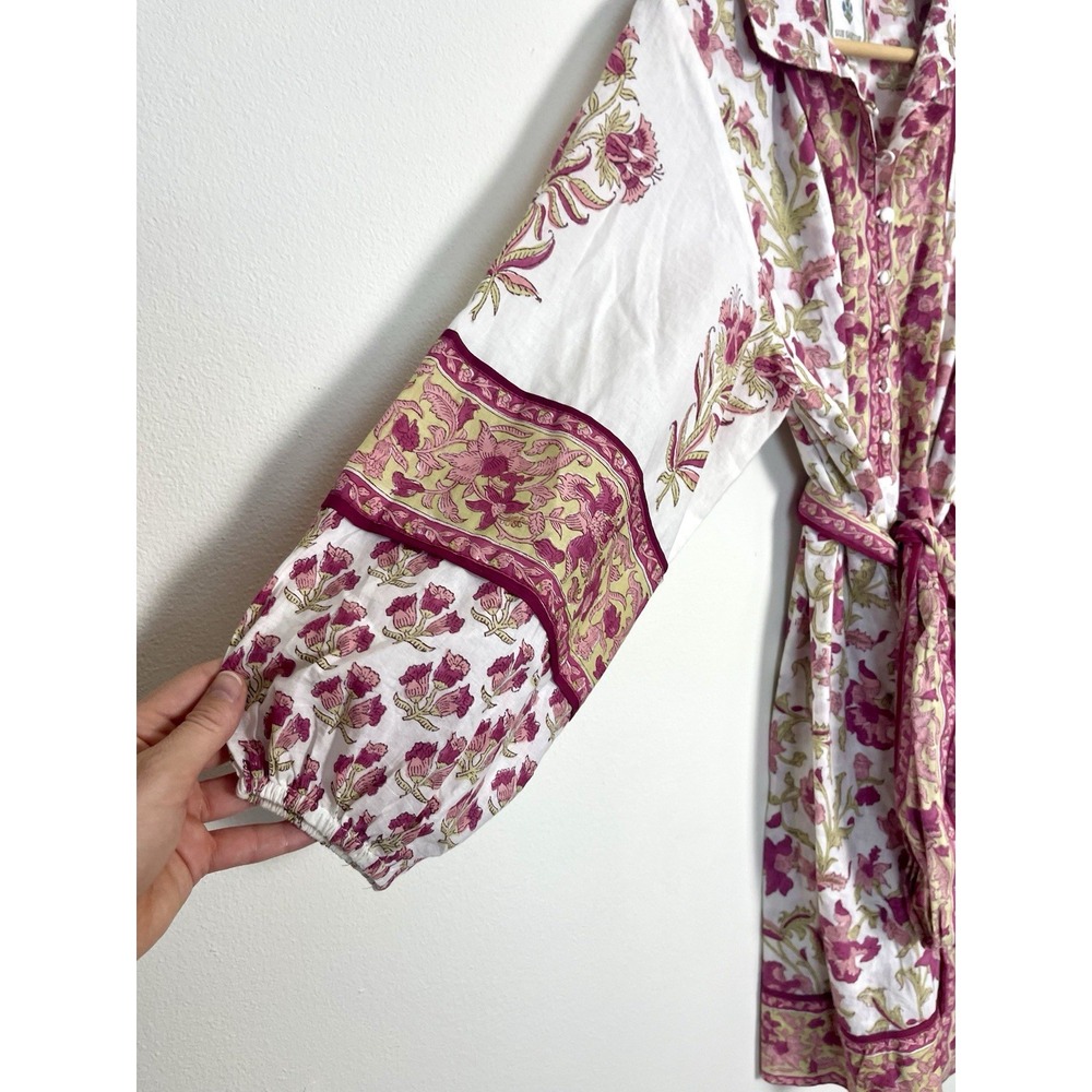 SUE SARTOR Anthropologie Long-Sleeve Flounce Dress Pink Peridot Dahlia Floral L - Picture 7 of 16